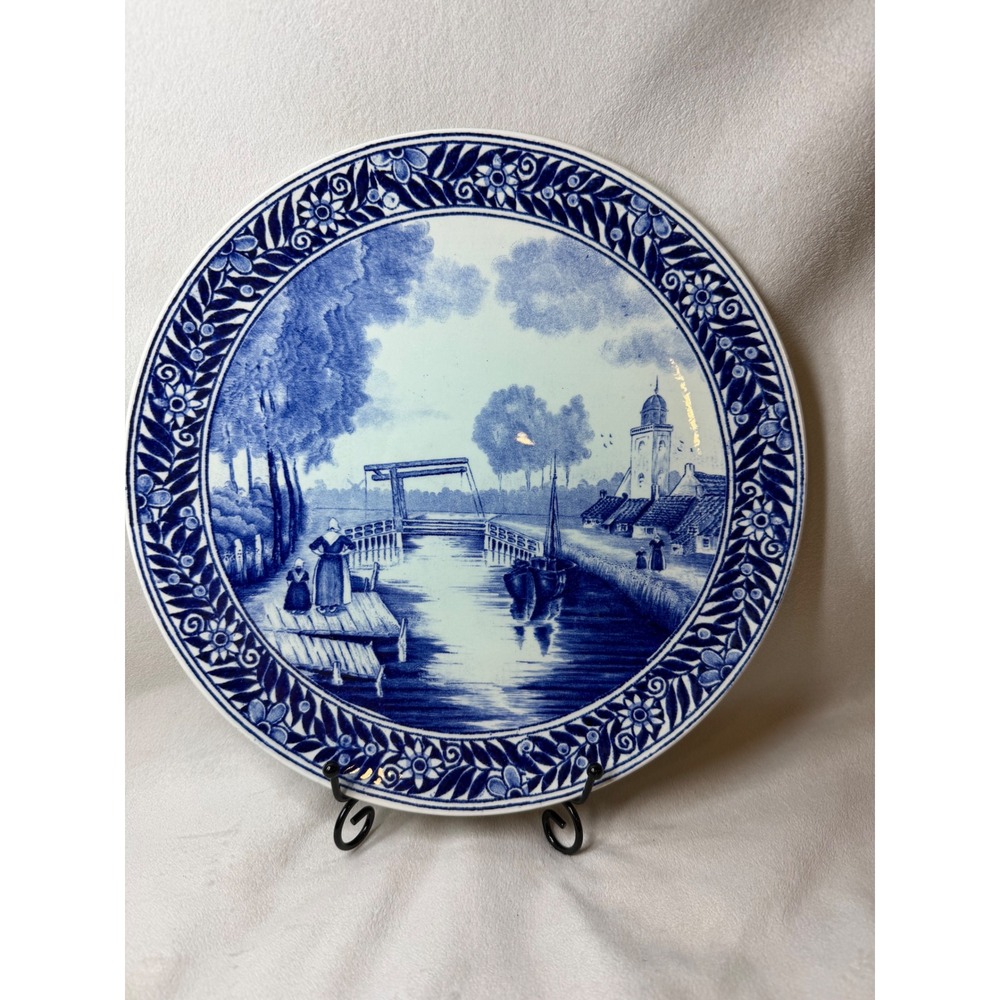 Vintage Boch Frères Delfts Blue White Dutch Canal Wall Plate Belgium Delft 12"